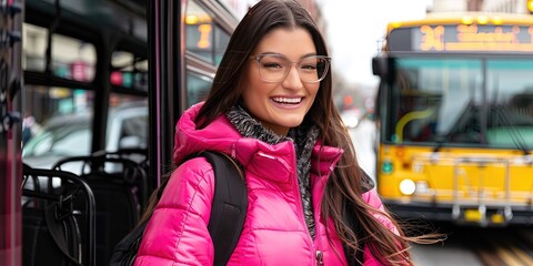 Wall Mural - photo of Gen Z woman wearing all pink fashion exploring pastel city, lifestyle portrait