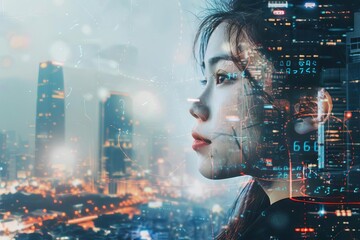 Wall Mural - double exposure of pensive woman overlaid with digital cityscape and data stream technology concept