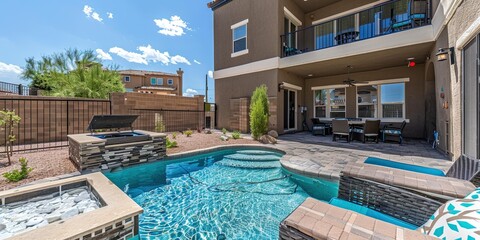 Wall Mural - Photograph of a modern townhouse with a terrace and garden, swimming pool in Arizona. 