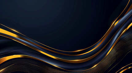 Poster - Luxury curve golden lines on dark blue background with lighting effect for text. Generative Ai