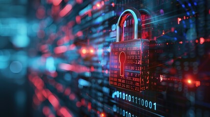 Cyber security concept. digital padlock on abstract cyber security with binary code
