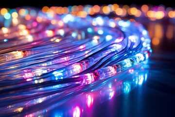 A bright fiber optic cable displaying various colors on a dark background in a circular form. Fiber optics are crucial for communication and high-speed data transfer.