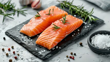 Poster - Fresh salmon fillets on a slate board with herbs. Raw fish in a modern kitchen setting. Ideal for culinary recipes and healthy eating articles. High-quality ingredient close-up. AI