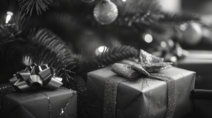 Poster - Black and white Christmas tree with two gifts on it