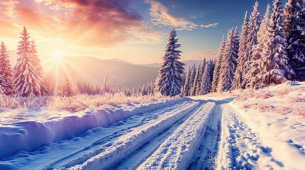 Wall Mural - Snowy road with sun shining on it