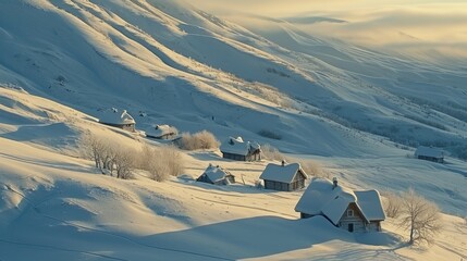 Poster - Snowy mountain with small village of houses