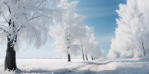 Poster - Snowy landscape with road in middle and trees on both sides