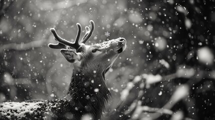 Poster - Deer is standing in snow with its head up, looking up at sky