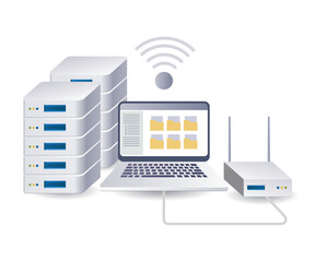 Wall Mural - Wifi network computer server infographic 3d illustration flat isometric