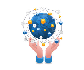 Aufkleber - World business network in the hands of infographics flat isometric 3d illustration