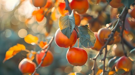 Sticker - Ripe persimmons hanging on a tree basking in sunlight. Nature's bounty showcased in vibrant colors. Ideal for food and lifestyle imagery. Close-up, seasonal harvest. AI