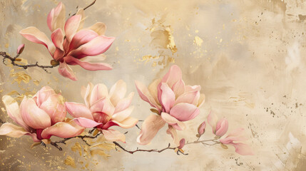 Beautiful pink magnolia flower on beige decorative background with gold accents as wallpaper illustration, Elegant Pink Flower	