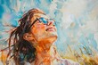 radiant young woman wearing glasses embracing life outdoors watercolor painting