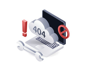 Leinwandbilder - The computer received an error warning code 404, technology system, 3d flat isometric illustration infographic