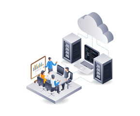 Leinwandbilder - The team is developing a cloud server application, infographic 3d illustration flat isometric