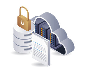 Poster - Technology cloud server data security key, flat isometric 3d illustration infographic
