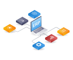 Fototapete - Technology business ERP network developer computer, flat isometric 3d illustration infographic