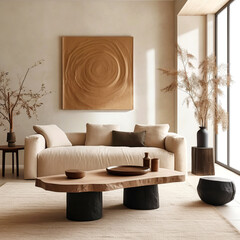 Wall Mural - Live edge wooden accent coffee table near beige sofa against stucco wall with sand stone wall decor. Boho, nomadic interior design of modern living room, home.