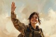 happy servicewoman waving on her military homecoming digital painting