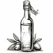 Detailed black and white illustration of an olive oil bottle surrounded by olive branches.