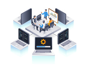 Aufkleber - Team developing computer technology, infographic 3d illustration flat isometric