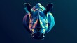 3D rendering of a rhinoceros head. The colors are blue, purple, and teal, with bright white light reflecting off of the surface.