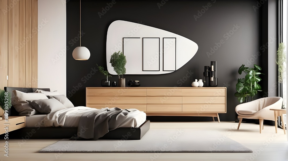 Modern living room interior with oak paneling on a white wall above a ...