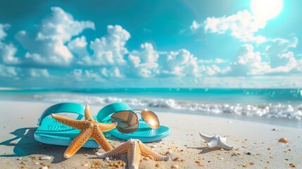 Wall Mural - A vibrant background ideal for a summer beach holiday, featuring sunglasses, starfish, and turquoise flip-flops on a sandy tropical beach under a sunny sky with clouds