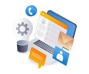 Social media ideas online communication infographics flat isometric 3d illustration