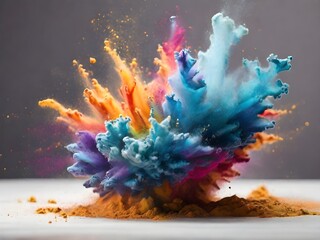 Wall Mural - close-up of an explosion of colored powder just moments after ignition. The powder forms a dense cloud with a rainbow spectrum of colors, blending and swirling together.