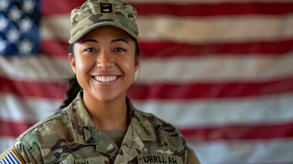 Wall Mural - Joyful mixed-race female soldier in camo, smiling before an American flag.