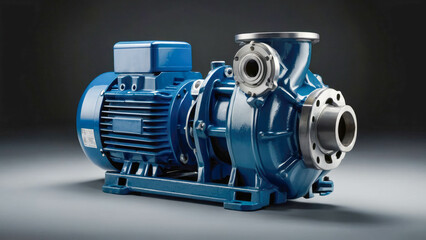 Blue industrial water pump with asynchronous electric motor on a dark background