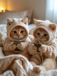 Two funny red meme kittens in pajamas and hoods looking at smartphones while sitting in bed