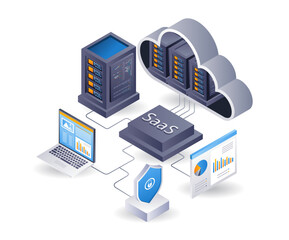 Leinwandbilder - SaaS cloud server technology system process, flat isometric 3d illustration infographic
