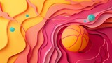 Fototapeta  - Paper cut design of an energetic basketball game, presented in synth wave styles, vibrates with dynamic movement and energy, kawaii template sharpen with copy space