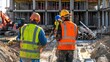 © Matthew - Two construction workers in high visibility jackets discuss plans on a bustling construction site with a structural backdrop