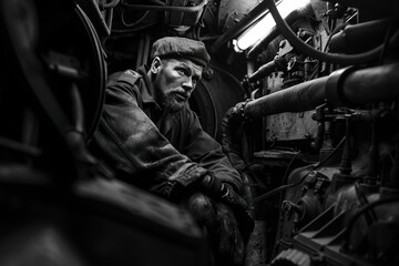 soldier sits in the engine compartment of war tank