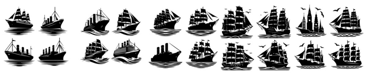 Wall Mural - vector set of boat ship silhouettes