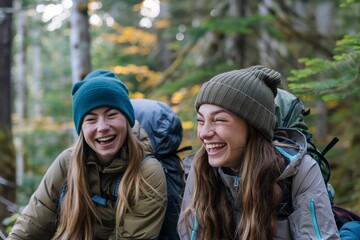 Two young female friends in outdoor gear laughing