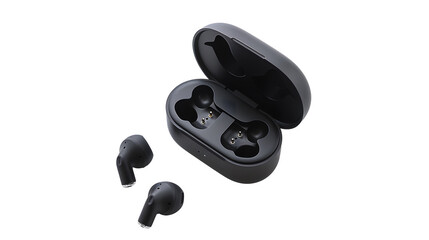 High angle view of wireless stereo earbuds black and charging case, on white background. 