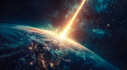 Wall Mural - A large asteroid meteor falling from sky with fiery trail heading near earth bringing destruction