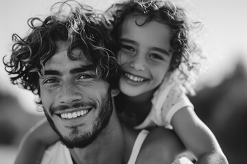 Man with curly hair piggybacking daughter