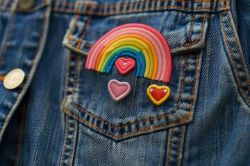 closeup of a pocket of jeans jacket with broches in the form of rainbow and heart