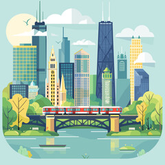 Wall Mural - City landscape with river, bridge and skyscrapers. Flat style vector illustration.