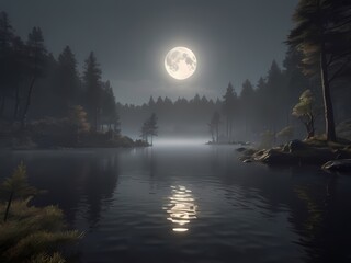 Wall Mural - beautiful moon, thin fog, in the deep forest and lake.
