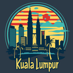 Wall Mural - Kuala Lumpur skyline in vintage style on sunset. Vector illustration.