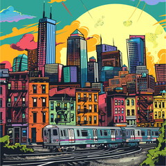 Wall Mural - Cityscape with trains, buildings and skyscrapers. Vector illustration.