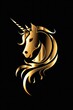 Golden unicorn head logo illustration on black background. Emblem, icon for company or sport team branding