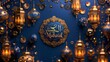 Elegant eid al-adha greeting with floating lanterns and arabic calligraphy