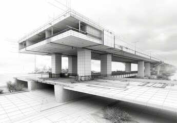 Aufkleber - Industrial construction, wireframe rendering, technical illustration